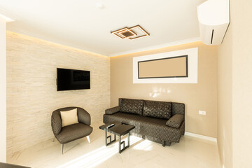 Interior of a luxury living room with marble floor