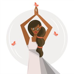 A girl in a white dress is doing yoga. Dancing young African American woman. Modern design with a stylish brunette and butterflies. The concept of positivity, creativity. Vector isolated flat design.