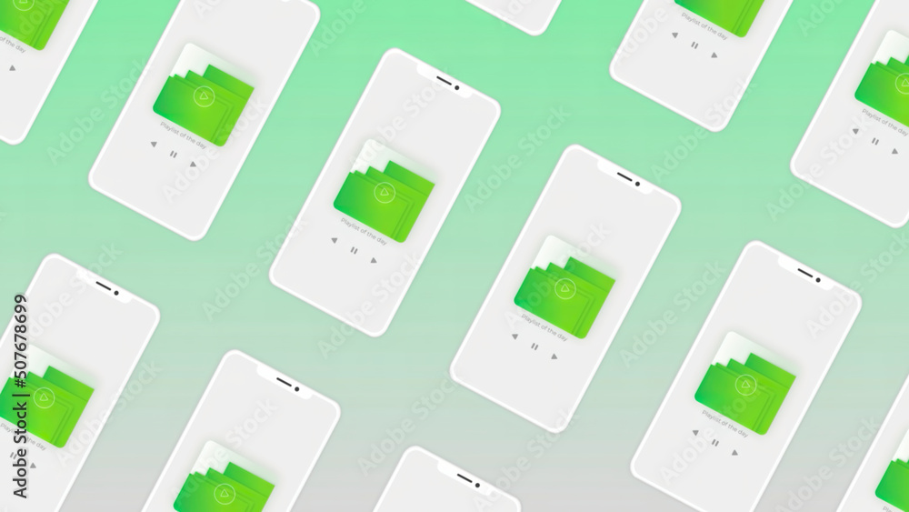 Poster rows of smartphone with a folder icons on each screen. motion. presentation of a new application for