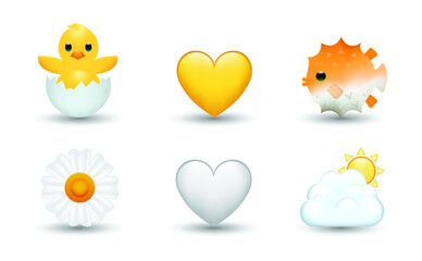 6 Emoticon isolated on White Background. Puffer fish, chicken with broken egg, white and yellow heart, Daisy, chamomile flower, cloud with sun vector emoji illustration. 3d Illustration set.