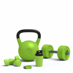 Isometric view of sport equipment like yoga mat, bottle and smart watches