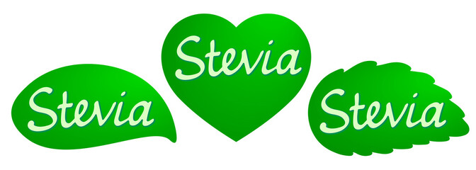 Set of Stevia labels. Natural low calorie sweetener. Green icon or logo.