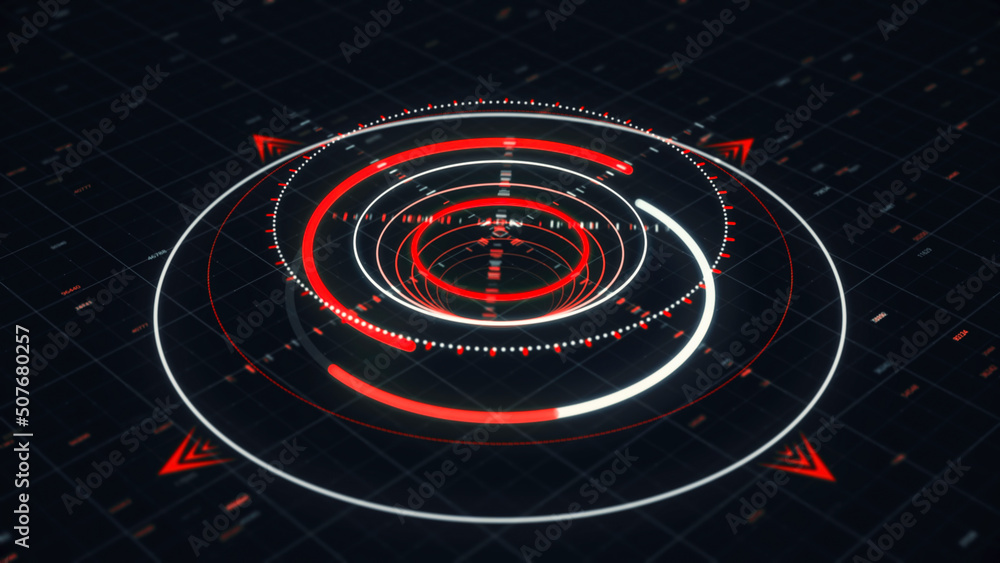 Poster abstract 3d circular graph resembling a modern compass with several narrow arrows and digits on the 