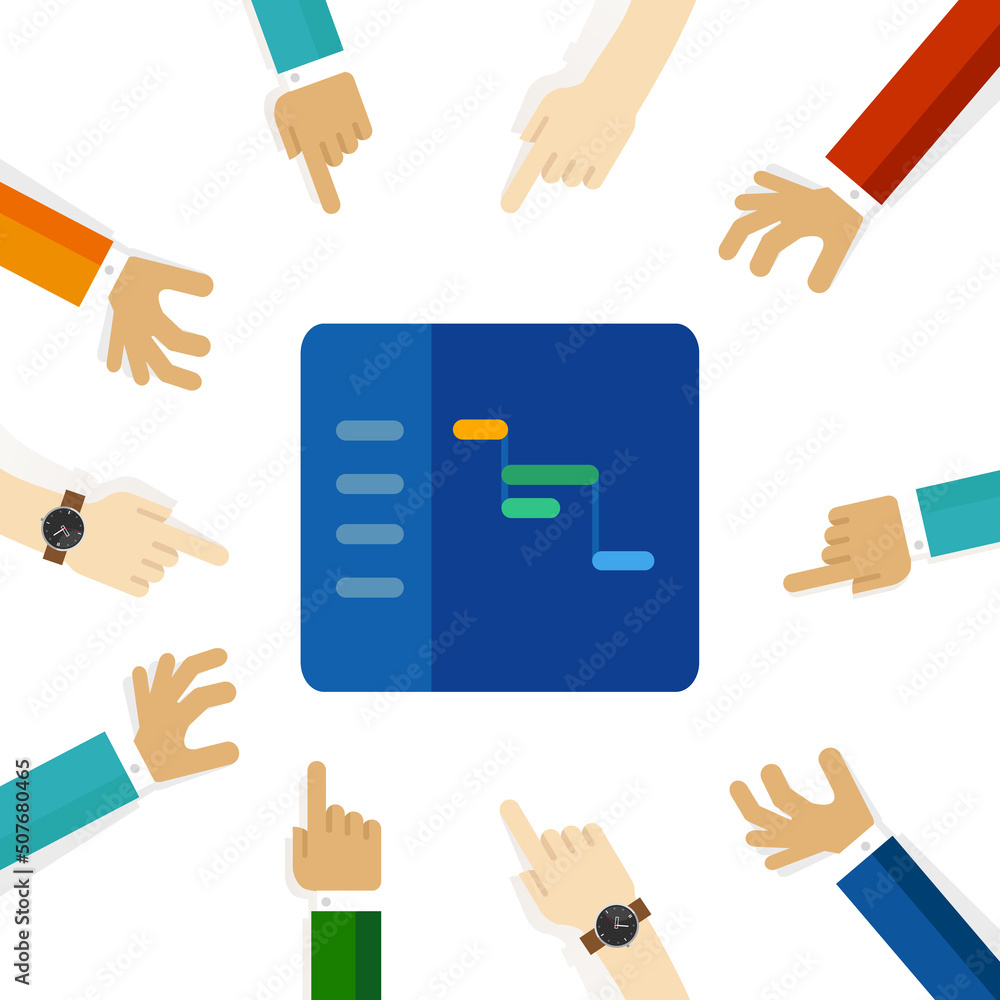 Poster gantt chart project management organization timeline collaboration group hand pointing team focus on