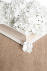 Fototapeta na wymiar white flowers and white book on wooden background