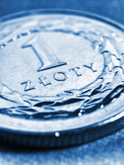 Translation: 1 zloty. Fragment of Polish one zloty coin close-up. National currency of Poland. Blue tinted vertical illustration for news about economy or finance. Macro