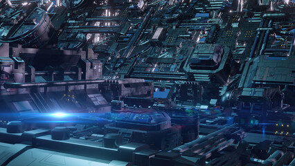 3d illustration - alien sci-fi city with optical flares.