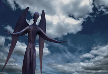 Guardian angel on a background of cloudy sky. Security and protection concept. Copy space.
