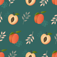 Peach fruit and plants seamless pattern. Peach in cartoon style repeated backdrop. Whole fruit and cut half. Food template for background, textile, wrapping paper, wallpaper. Vector illustration