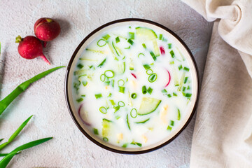 Appetizing traditional Russian cold soup with vegetables and kefir in a bowl. Top view