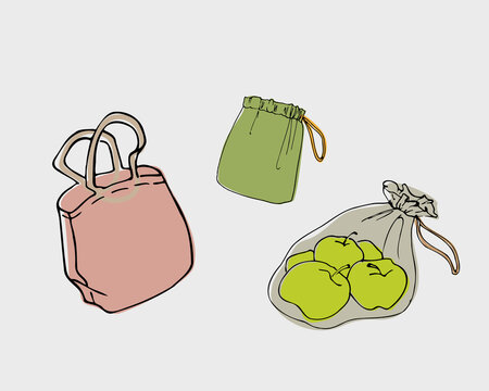 Isolated reusable products: shoper, cotton bag, Mesh bags. Doodle style. Vector elements. No plastic. Zero waste