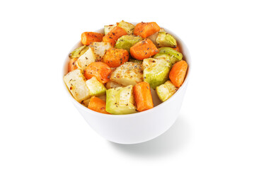 Roasted potato, carrot and zucchini bowl on a white isolated background
