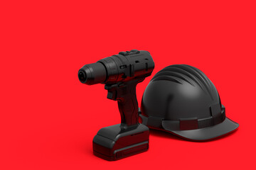 Set of cordless drill or screwdrivers with hard head helmet on red background