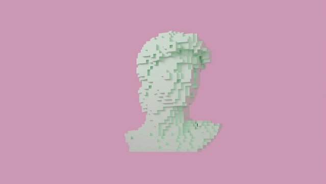Loop 3d animation of the appearance of David's head, bust. The image is formed from cubes, pixels. The idea of digital technologies, 3d graphics, AI.