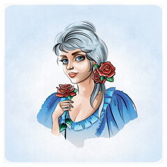 
Portrait of a beautiful lady with blue hair and a scarlet rose.Blonde fairy with a red rose in her hand.
