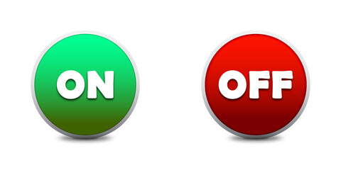 On and off toggle round color buttons with lettering and shadows. Red and green circle icons. Flat vector illustration.