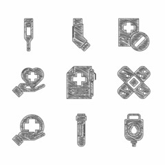 Set Medical prescription and pen, Test tube with blood, IV bag, Crossed bandage plaster, hospital medical, Heart cross, and digital thermometer icon. Vector