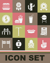 Set Number 1 one fan hand glove, Declaration of independence, Barbecue grill, Cactus, Burger french fries, Coin money with dollar, and Paper glass straw icon. Vector