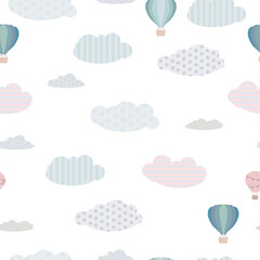 Childish seamless print. Pattern of clouds and balloons in the sky. Pastel shades. Derezhables and balloons with a travel basket. Vector illustration