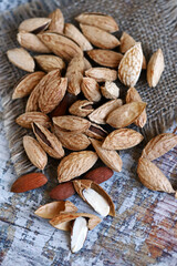Selective focus. Macro. Shelled almonds. Useful nuts.