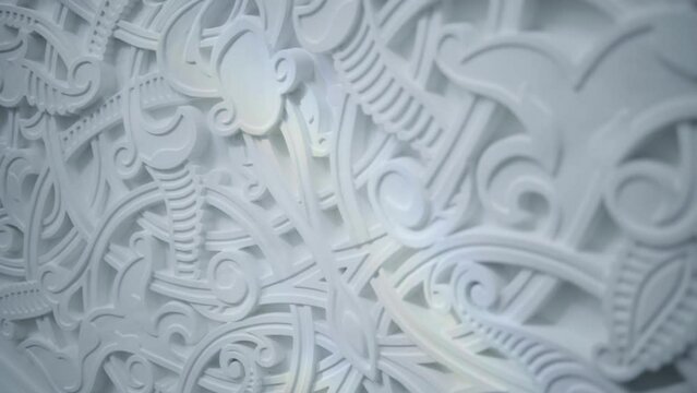 Close up of decorative walls details. Scene. Beautiful ornament on carved white walls, concept of architecture.