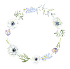 Watercolor wreath with flowers and branches.