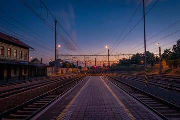 Fototapeta na wymiar Hostivar station in Prague with sunset color evening