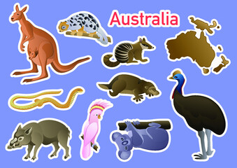 Australia, animals, stickers, set