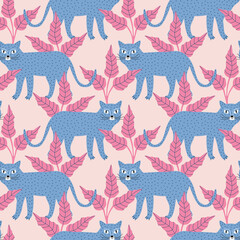 Blue leopards and pink tropical leaves hand drawn vector illustration. Colorful wild cat and jungle in flat style seamless pattern for textile or wallpaper.
