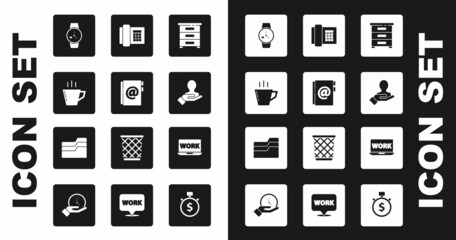 Set Drawer with documents, Address book, Coffee cup, Wrist watch, Hand for search people, Telephone, Laptop text work and Document folder icon. Vector