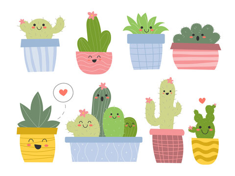 Set of cute cactuses, potted plants with funny faces. Collection of colourful cacti, house plants in kawaii style. Vector illustration isolated on white background EPS