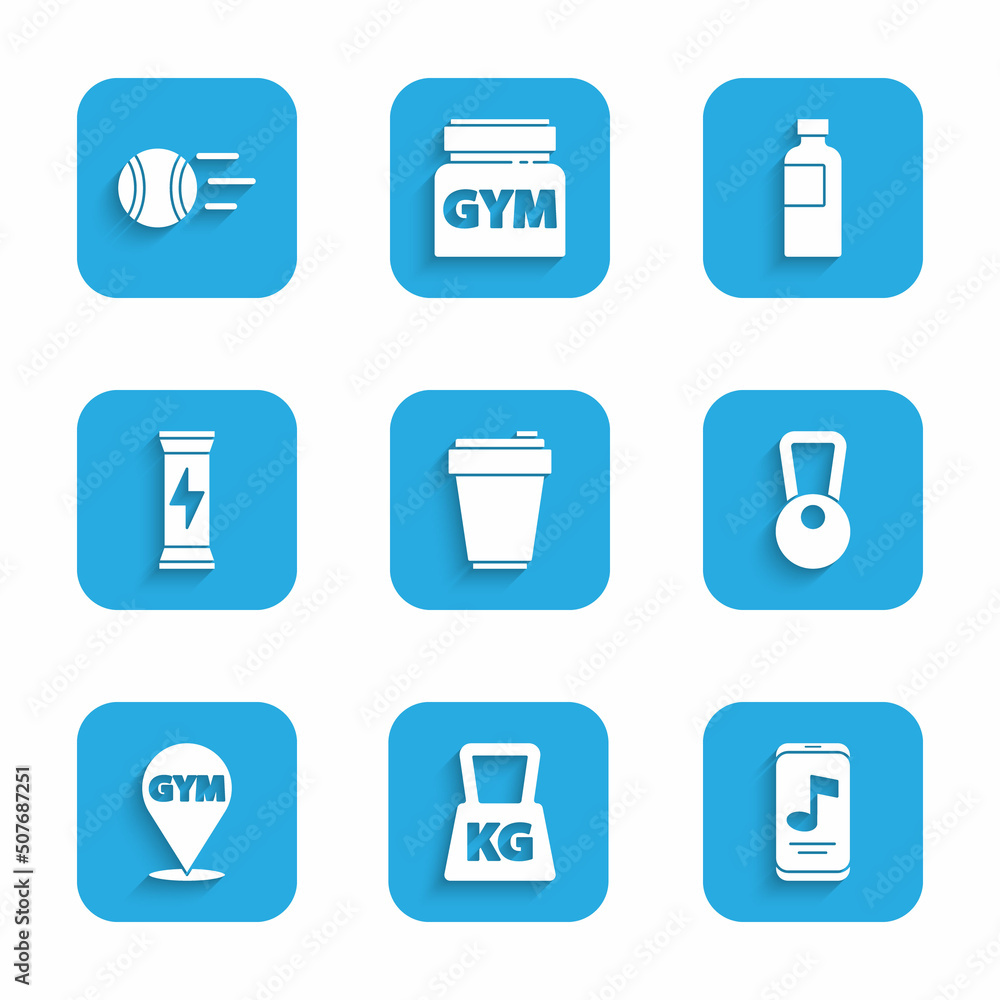 Wall mural Set Fitness shaker, Weight, Music player, Kettlebell, Location gym, Sports nutrition, and Tennis ball icon. Vector