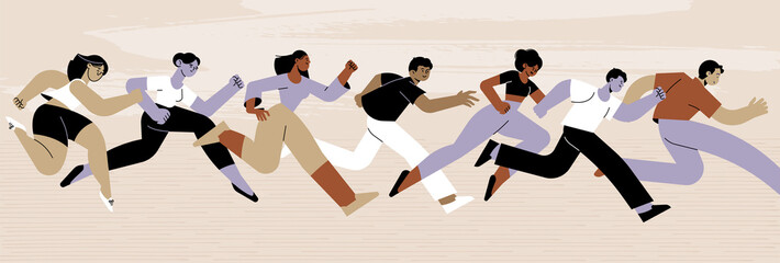 Group of runners. Vector illustration concept of active male and female running, business competition, run to success, career challenge, ambition, recreation and sport. 