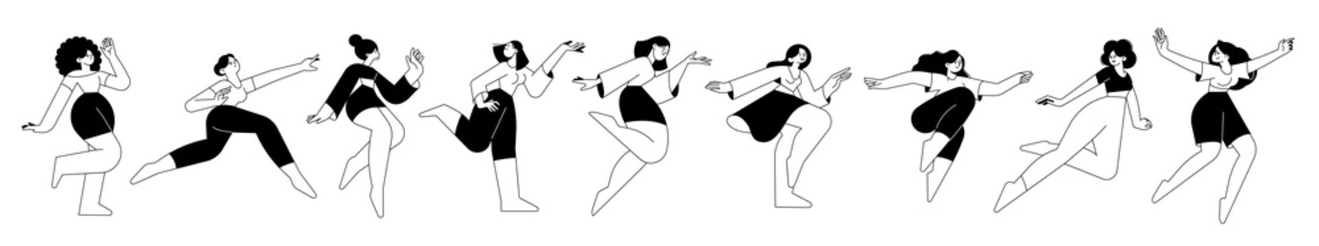 Set Of Line Style Design Of Women In Different Poses And Movements, Running, Dancing, Jumping, Exercising. Vector Illustrations Of Freedom, Happiness, Enjoyment Of Life For Graphic And Web Design.