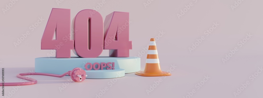 Poster 404 oops error. website page not found sign. webpage under construction, system update. 3d render