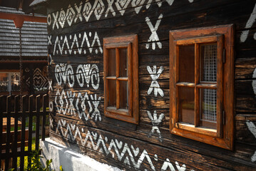 Cicmany, Slovakia - june 08, 2021: Beautiful old historic village Cicmany. Slovakia, Europe. Wooden traditional houses.  