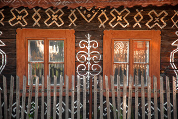 Fototapeta na wymiar Cicmany, Slovakia - june 08, 2021: Beautiful old historic village Cicmany. Slovakia, Europe. Wooden traditional houses. 