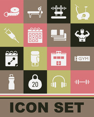 Set Barbell, Location gym, Bodybuilder muscle, Bench with barbel, Calendar fitness, Doping syringe, Tape measure and Towel stack icon. Vector