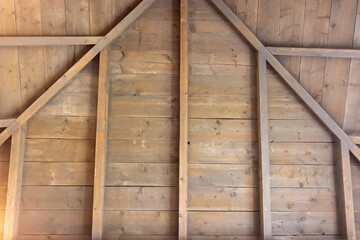 Fototapeta na wymiar Wooden vintage ceiling background, texture. Brown hardwood plank, geometric design.