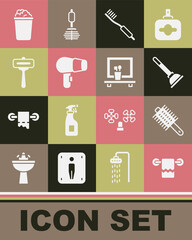 Set Towel on a hanger, Hairbrush, Rubber plunger, Toothbrush, dryer, Shaving razor, Bucket with soap suds and Washbasin mirror icon. Vector