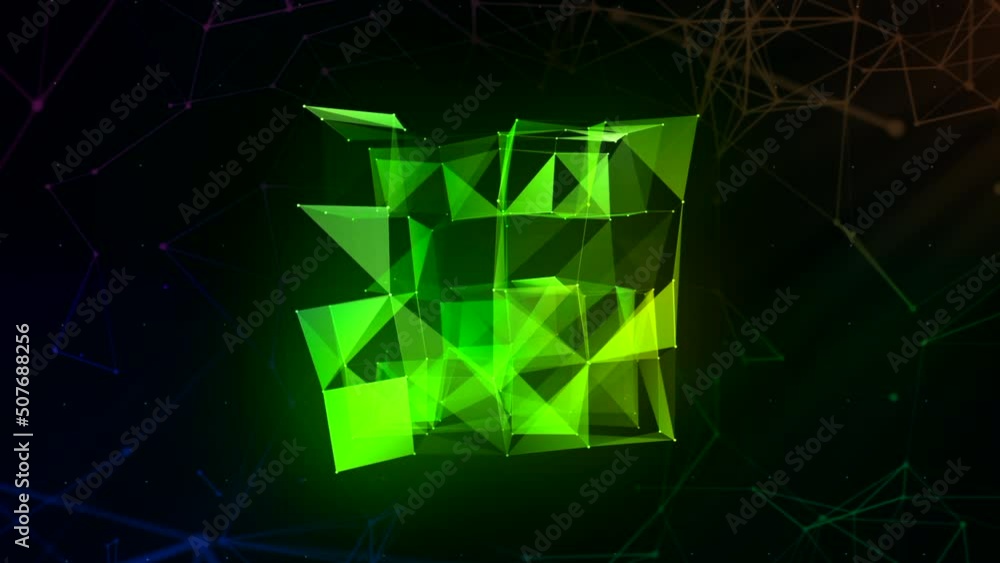 Poster 3d cube of geometric lines. motion. holographic cube of chaotic geometric lines. lines and triangles