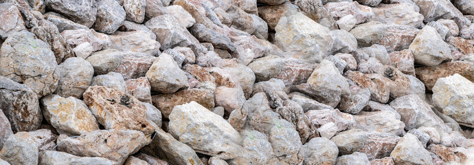 Rocky wall background texture. Close up view of stonewall, grey brown structure for backdrop. Banner