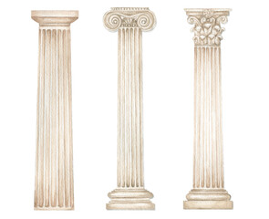 Watercolor antique column corinthian ionic doric order, Ancient Classic Greek pillar set, Roman Columns, Architecture facade elements Realistic drawing illustration isolated on white background