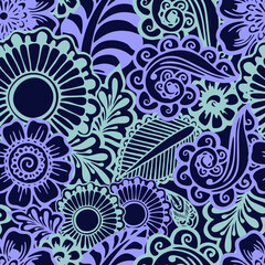 lilic  and blue seamless pattern on a blue background, floral repeating pattern, oriental motifs, mahendi