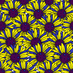 seamless floral pattern of yellow-blue sunflowers, bright repeating pattern, Ukrainian theme, texture