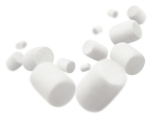 Flying marshmallows, isolated on white background