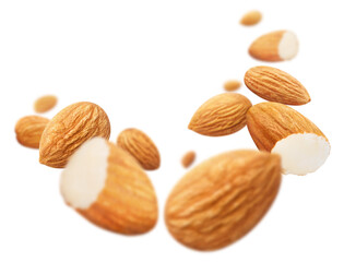 Flying almonds, isolated on white background