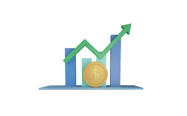 Golden coin with dollar symbol. Chart with bars and green rising arrow. Finance concept 3d render isolated on white