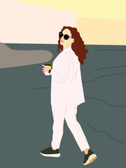 girl with coffee in the white suite