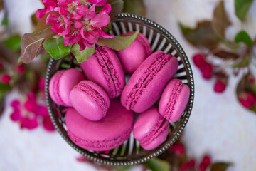 Macaroons in a vase with red apple blossoms
